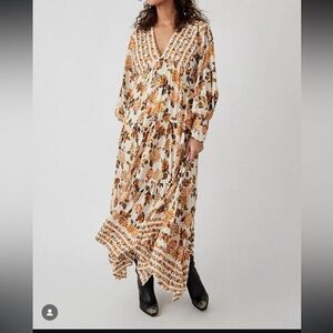 Free People Rows of Roses Floral Boho Midi Dress -Cream, Mustard Orange color XS